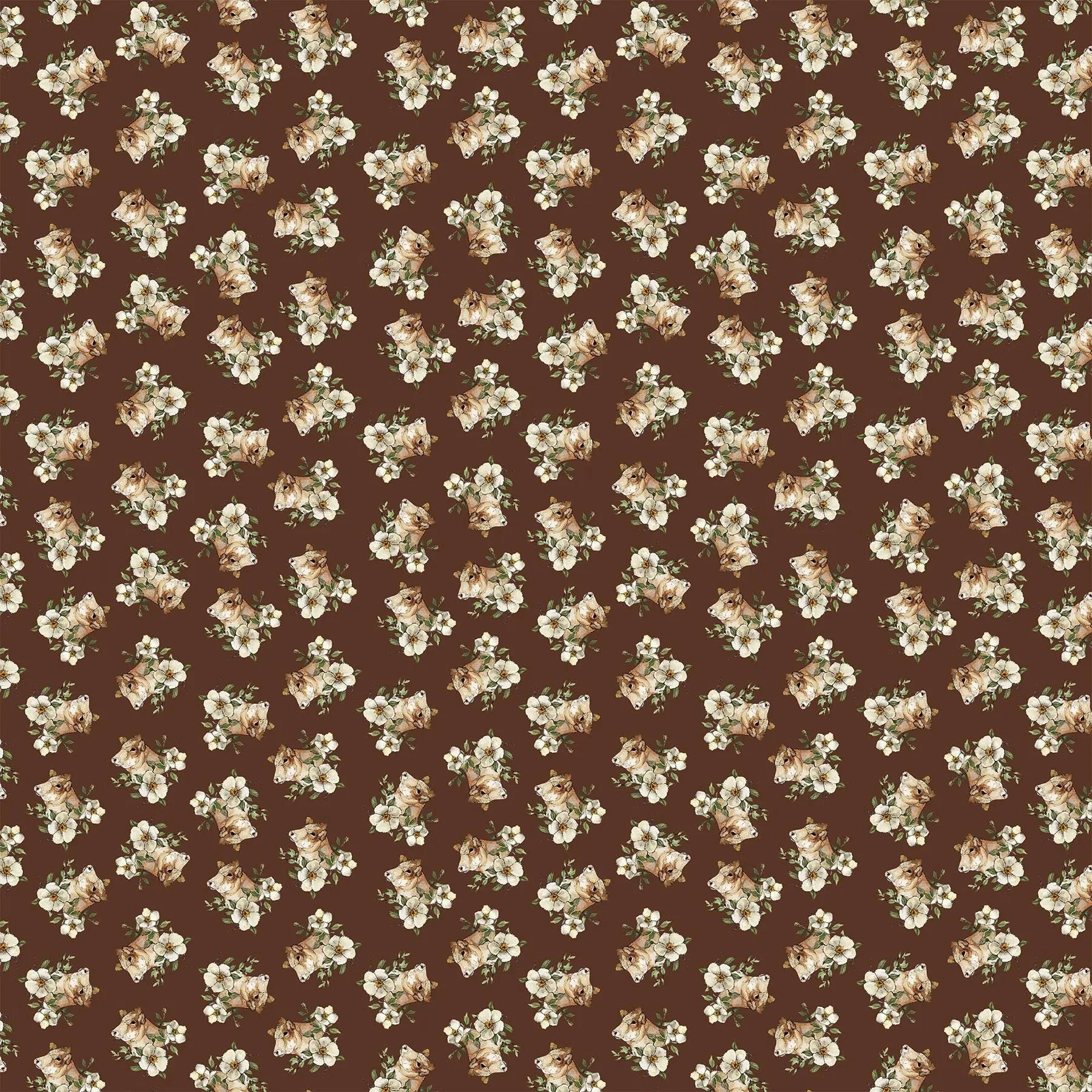 brown colored fabric with cow and flower illustrations.  typically used for quilting and crafting. from Country Side Comforts from FIGO Fabrics 