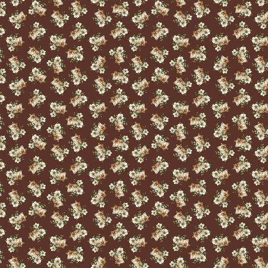brown colored fabric with cow and flower illustrations.  typically used for quilting and crafting. from Country Side Comforts from FIGO Fabrics 