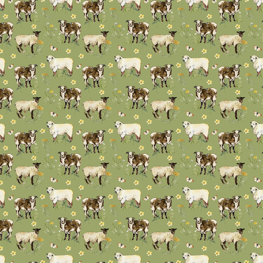 green colored fabric with large cow illustrations.  typically used for quilting and crafting. from Country Side Comforts from FIGO Fabrics 