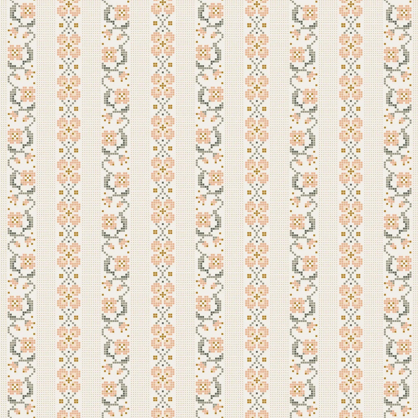A fabric with a floral cross stitch pattern in cream color, with pink and gray flowers. from Klara FIGO Fabrics fat quarter bundle Bernadett Urbanovics 