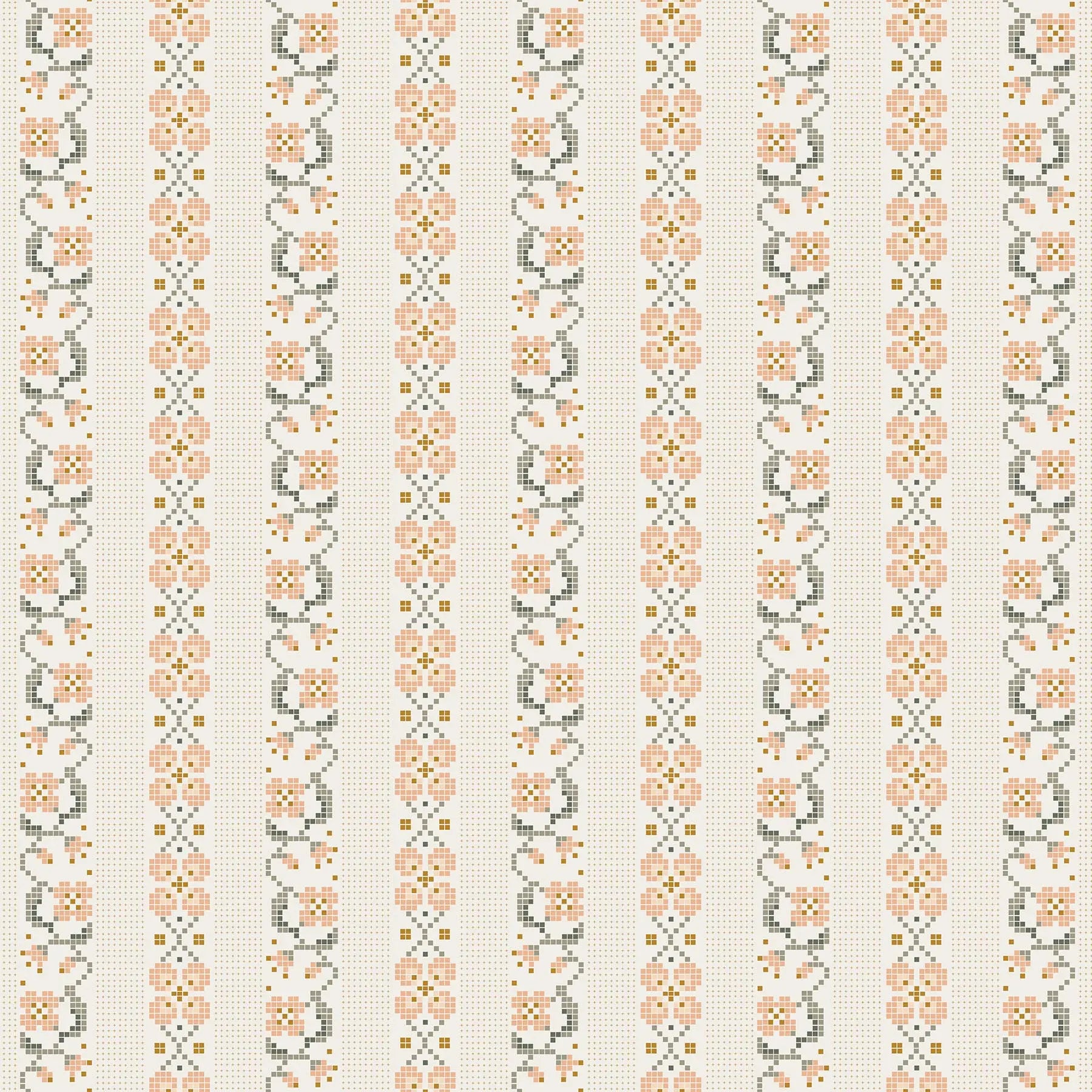 A fabric with a floral cross stitch pattern in cream color, with pink and gray flowers. from Klara FIGO Fabrics fat quarter bundle Bernadett Urbanovics 