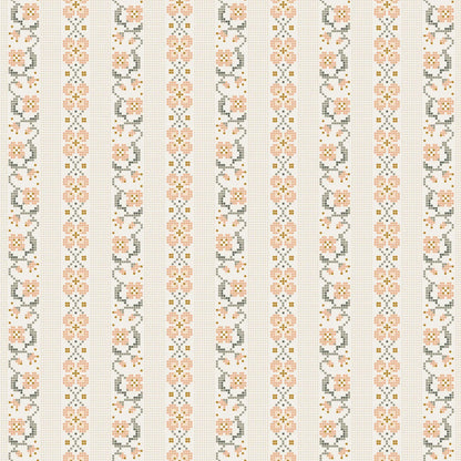A fabric with a floral cross stitch pattern in cream color, with pink and gray flowers. from Klara FIGO Fabrics fat quarter bundle Bernadett Urbanovics 
