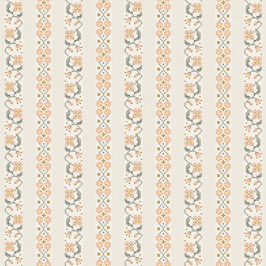 A fabric with a floral cross stitch pattern in cream color, with pink and gray flowers. from Klara FIGO Fabrics fat quarter bundle Bernadett Urbanovics 