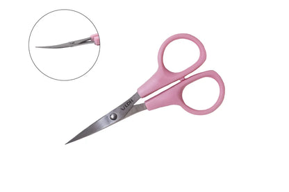 Pink scissors with a close-up inset showing the curved  tip on a white background
