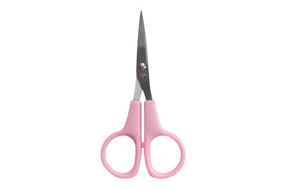 Pink scissors with silver blades on a white background