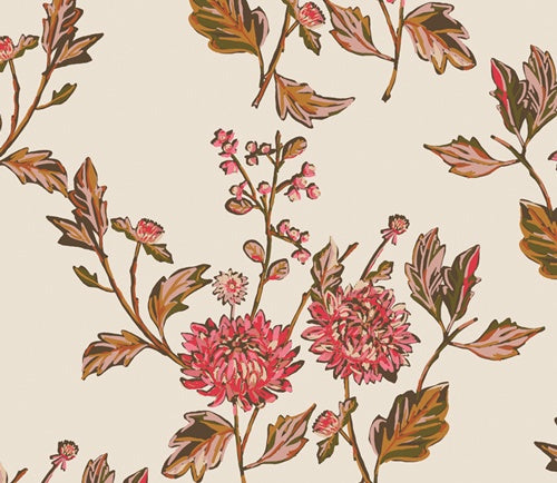 Fabric with a repeating botanical pattern featuring pink flowers and muted green and brown leaves on a warm cream background. For sewing and quilting from Art Gallery Fabrics.