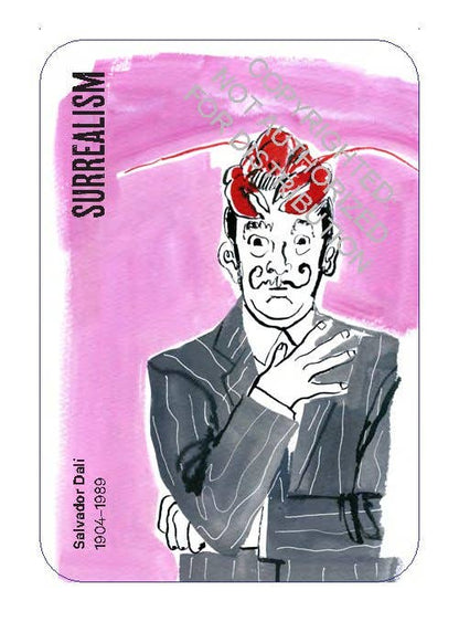 Illustration of a man with a red hat and suit against a pink background, labeled 'Surrealism'.