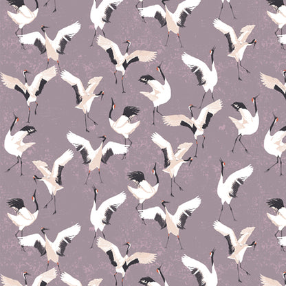 Patterned fabric of white cranes with black heads on a purple background from Soar by Katerina Roccella Art Gallery Fabrics premium cotton for sewing and crafting.