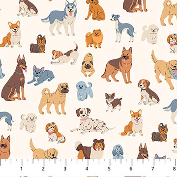 Quilting Fabric with a Pattern of various cartoon dogs on a white background with a ruler at the bottom.