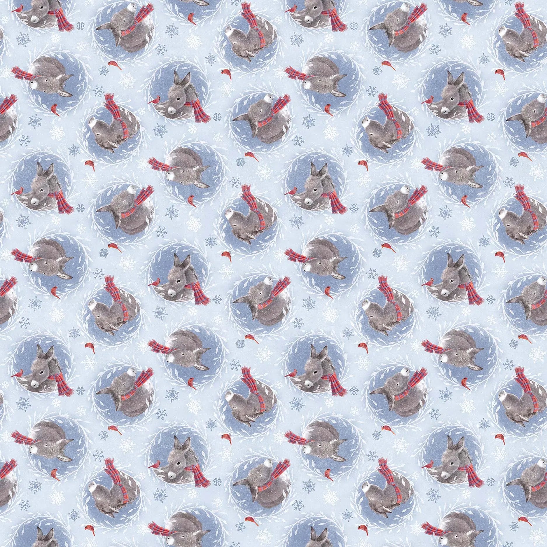 a light blue flannel fabric with donkey illustrations. from FIGO Fabrics line Little Donkey's Christmas. 100% Cotton for quilting and crafting