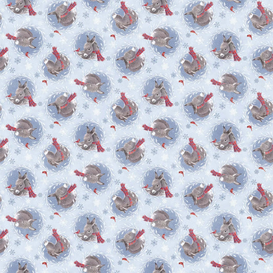 a light blue flannel fabric with donkey illustrations. from FIGO Fabrics line Little Donkey's Christmas. 100% Cotton for quilting and crafting
