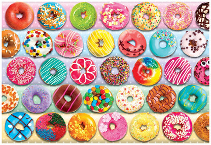 Colorful assortment of donuts with various toppings on a patterned background