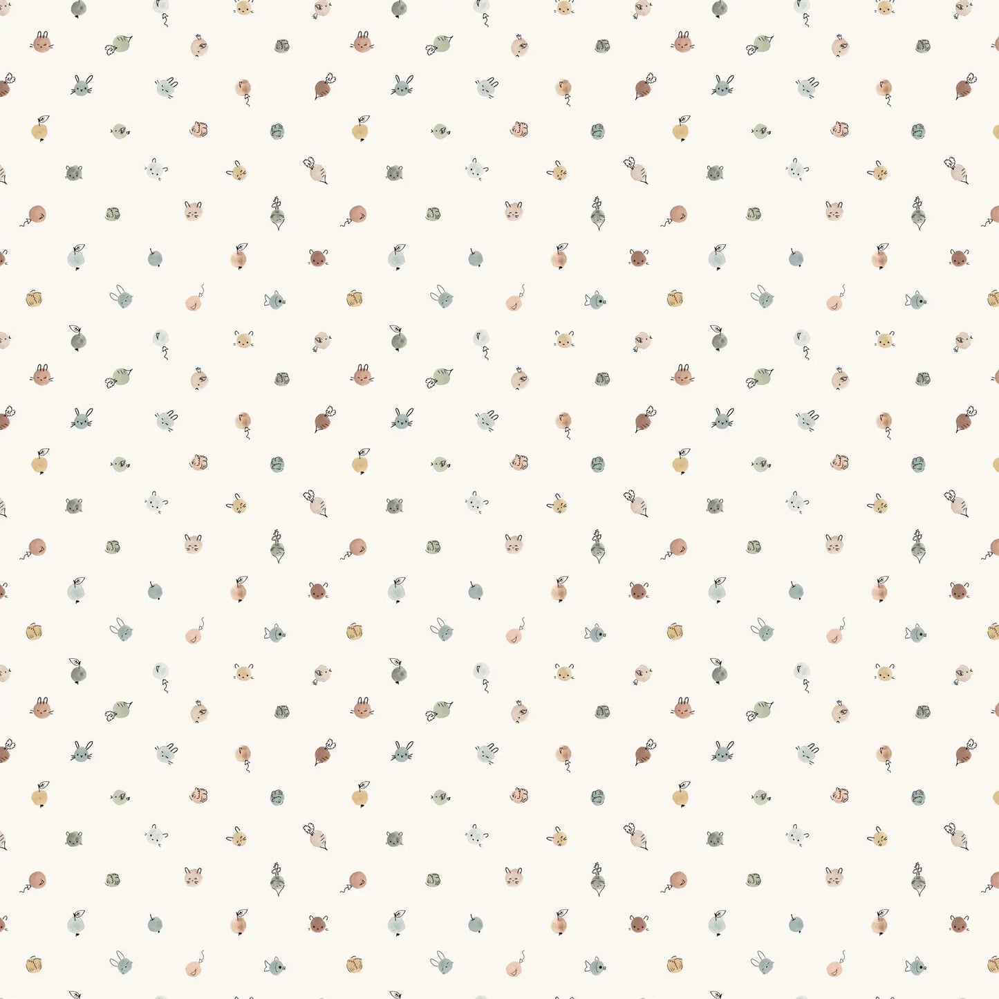 Pattern of small animal illustrations on a light background. 100% cotton fabric for child quilt 