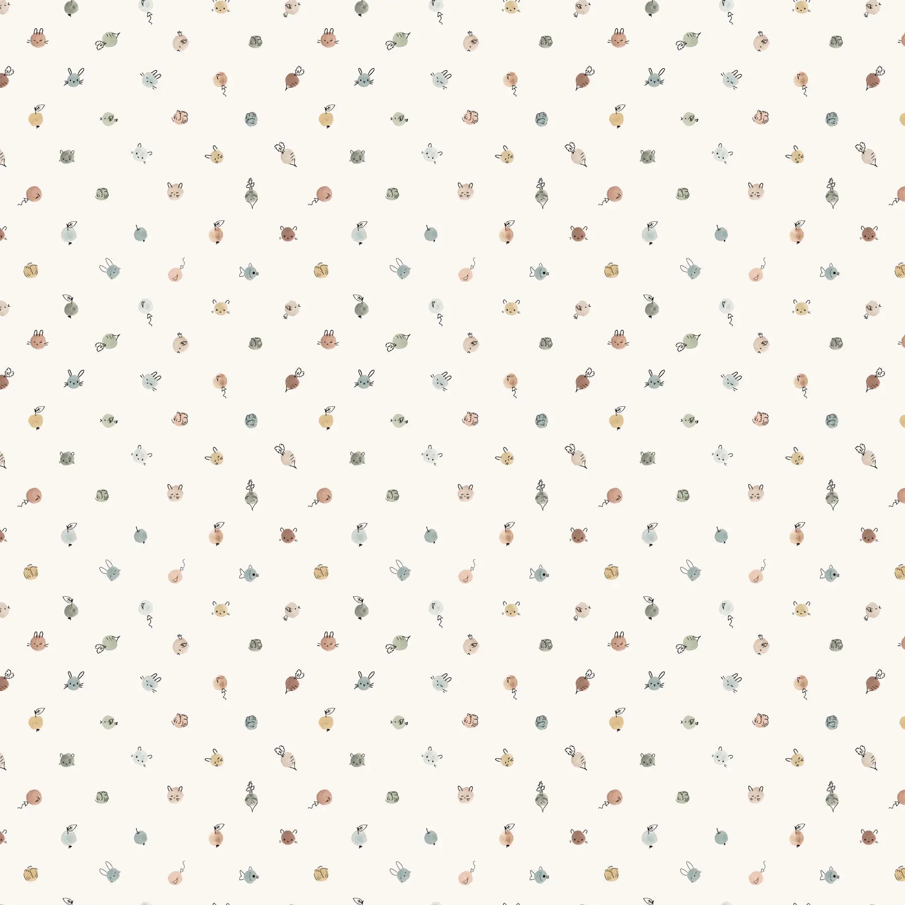 Pattern of small animal illustrations on a light background. 100% cotton fabric for child quilt 