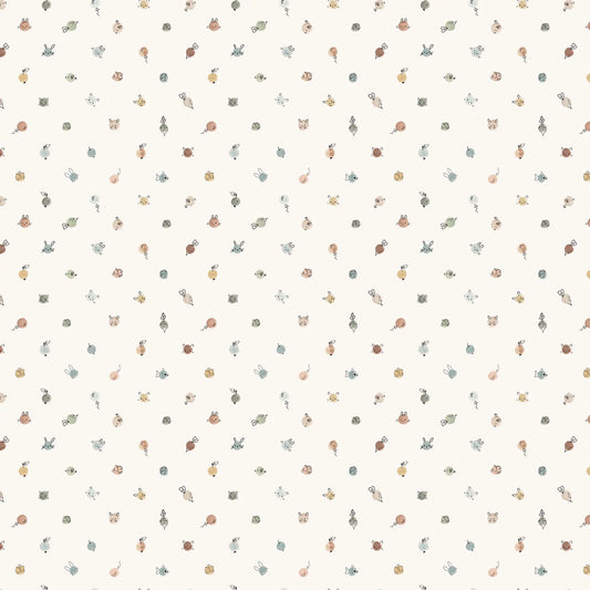 Pattern of small animal illustrations on a light background. 100% cotton fabric for child quilt 
