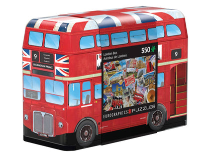 Red double-decker bus-shaped puzzle box with British flag design on a white background