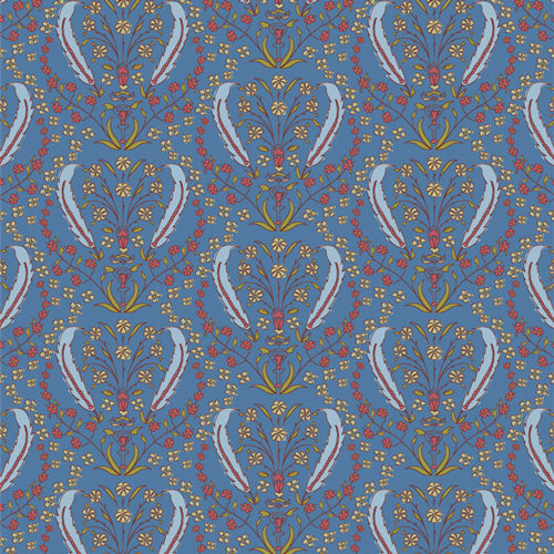 Patterned fabric with floral and feather design on a blue background from Fairview avenue Bari J Art Gallery Fabric quilting cotton for sewing and crafting.
