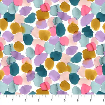 white background with multicolored large dots. 100% rayon fabric for sewing blouses, dresses, flowing. 