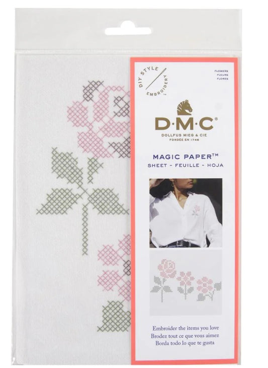 DMC Magic Embroidery Paper packaging with floral designs on a white background