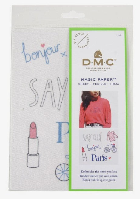 DMC Embroidery Magic Paper packaging with text and graphics on a white background