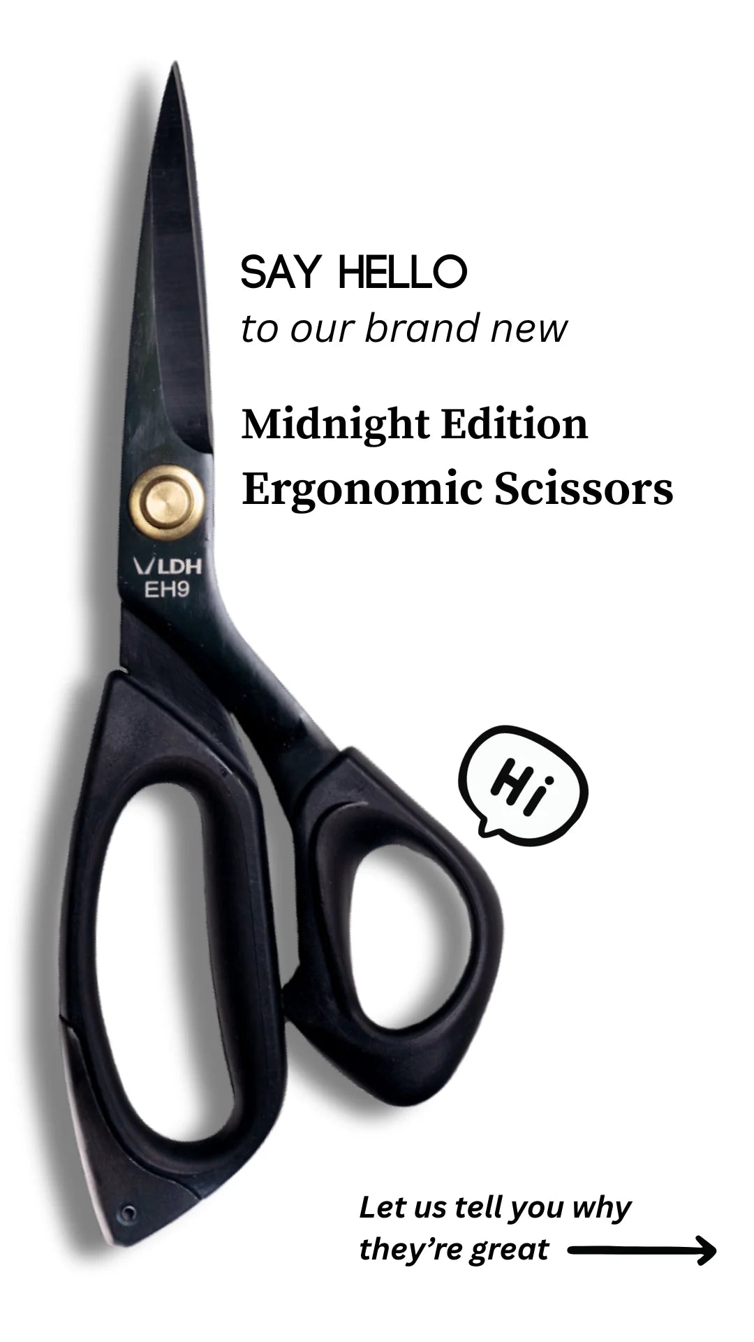 Black ergonomic scissors with text about the Midnight Edition on a white background