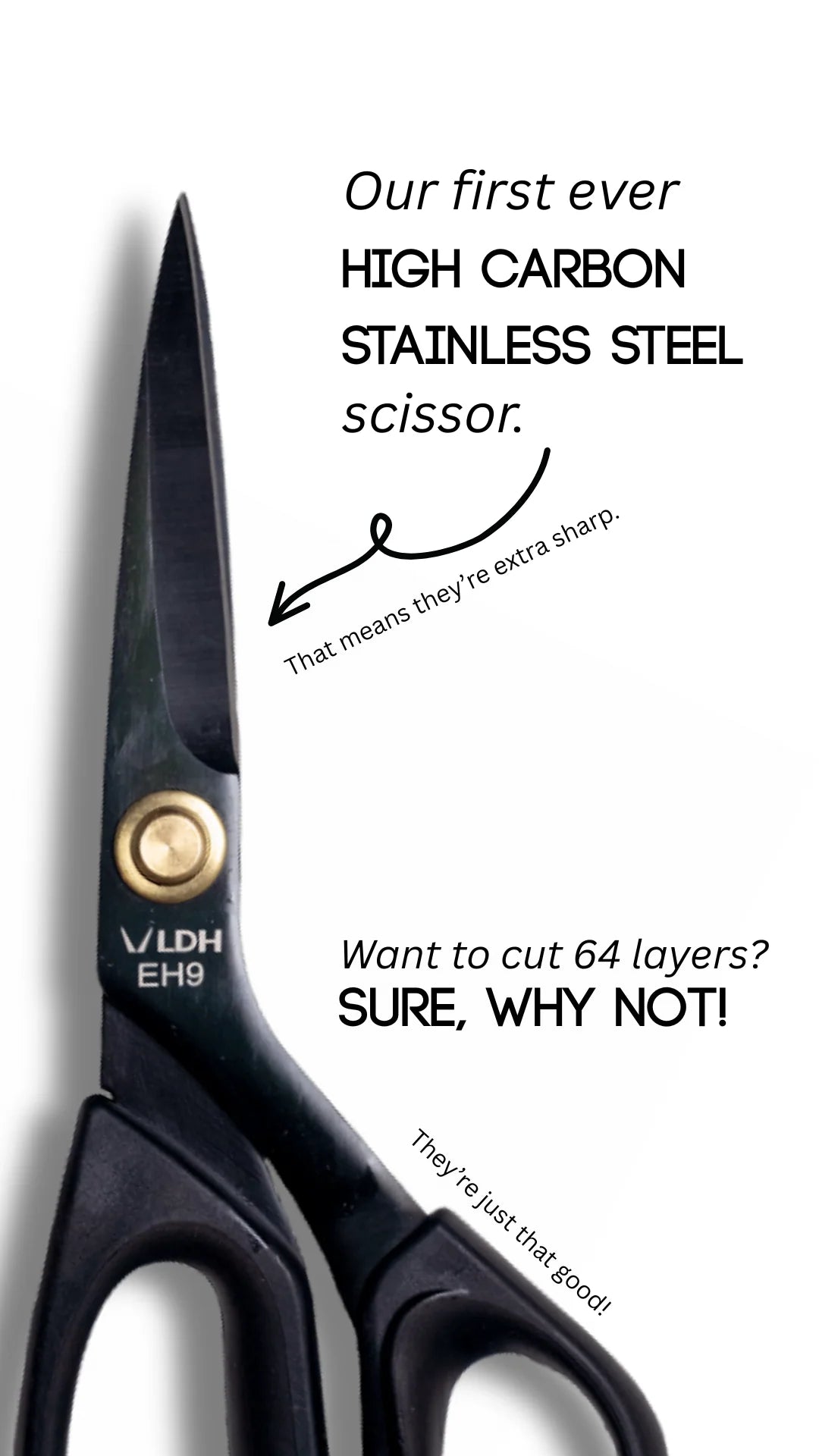 Black scissors with text about high carbon stainless steel quality on a white background