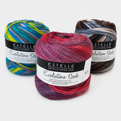 Three skeins of colorful sock yarn with 'Estelle' labels on a white background