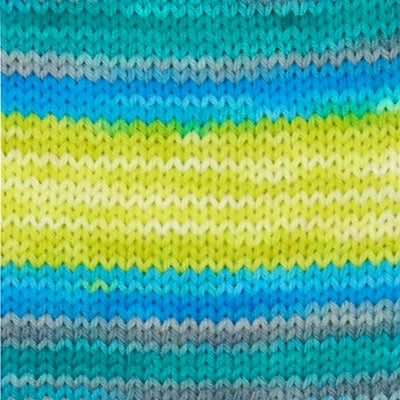 close up of sock yarn for knitting and crafting in a gradient blue and yellow color
