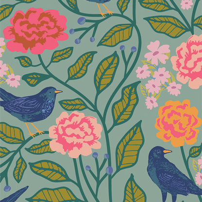 Pattern of flowers and birds on a teal background fabric