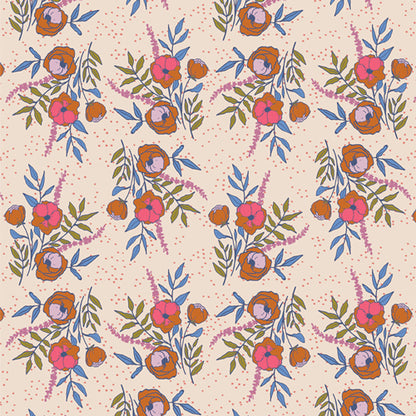 Floral pattern fabric with pink, orange, and blue flowers on a beige background