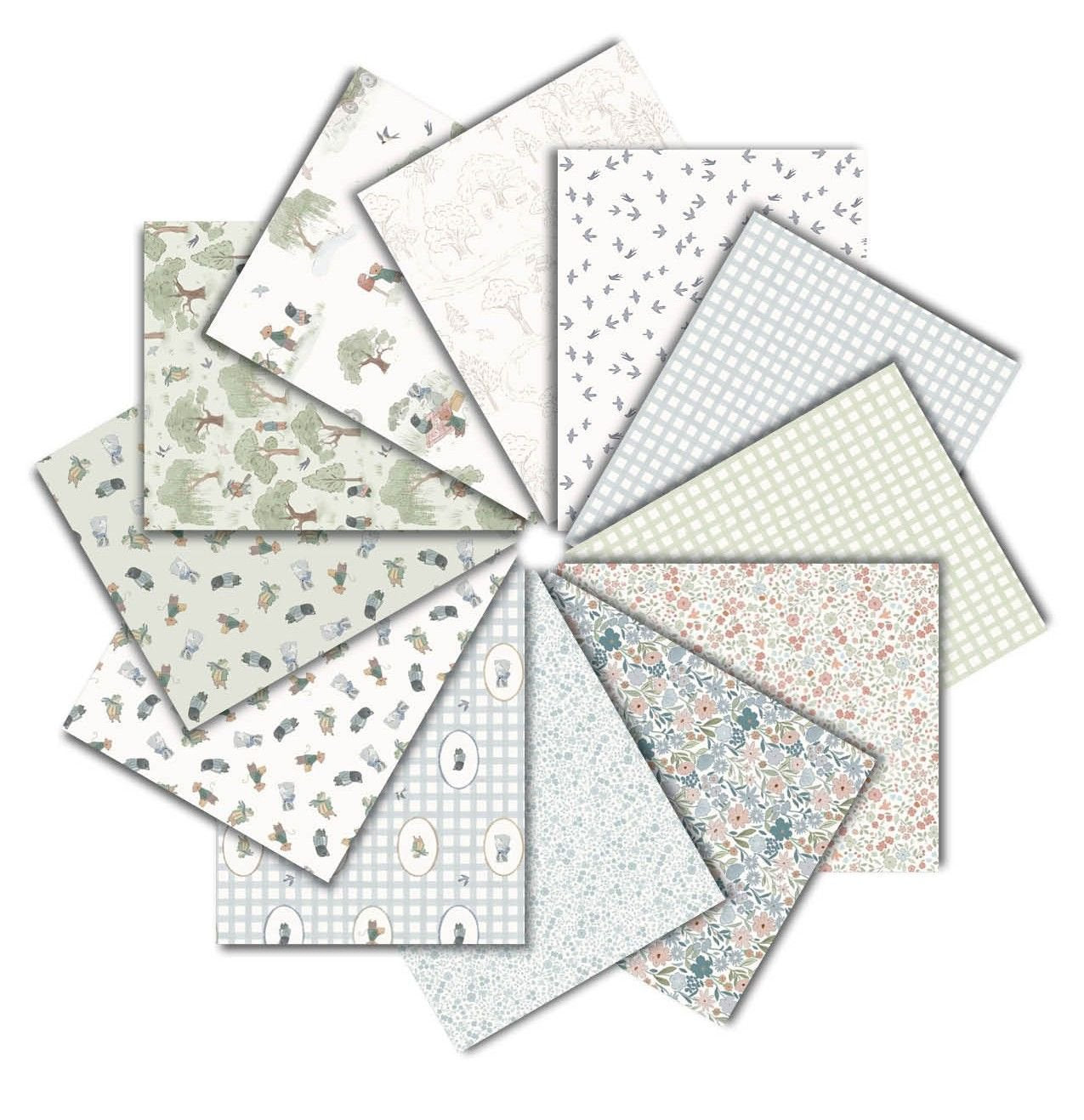 Collection of fabric swatches with various patterns on a white background