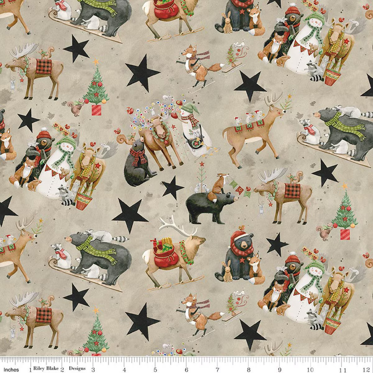Christmas-themed fabric with reindeer, bears, snowmen, and stars on a beige background.