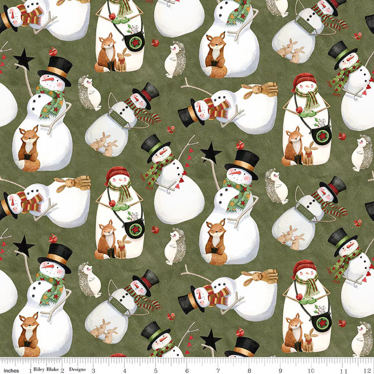 Pattern of snowmen and winter animals on a green background with a ruler for scale.