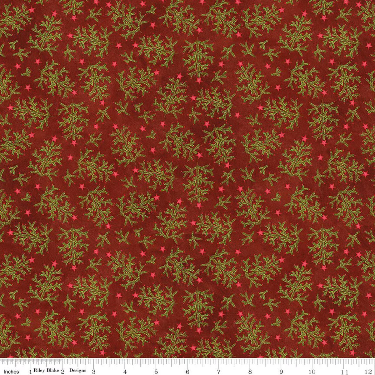 Fabric with green leaf pattern on a red background