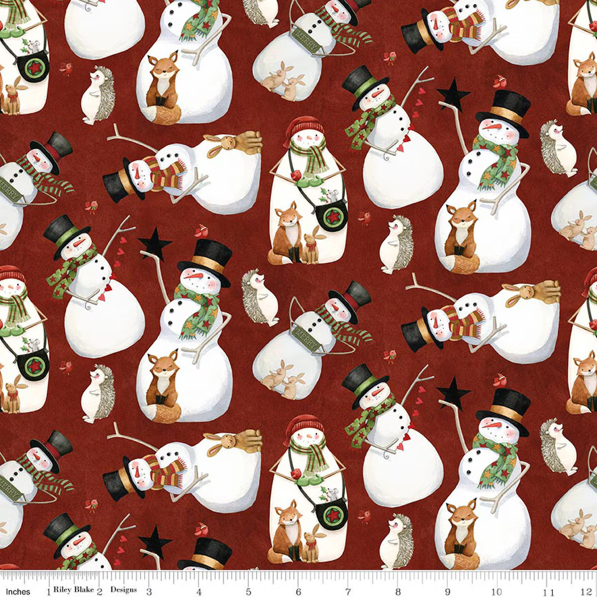 Pattern of snowmen and animals on a red background with a ruler for scale.