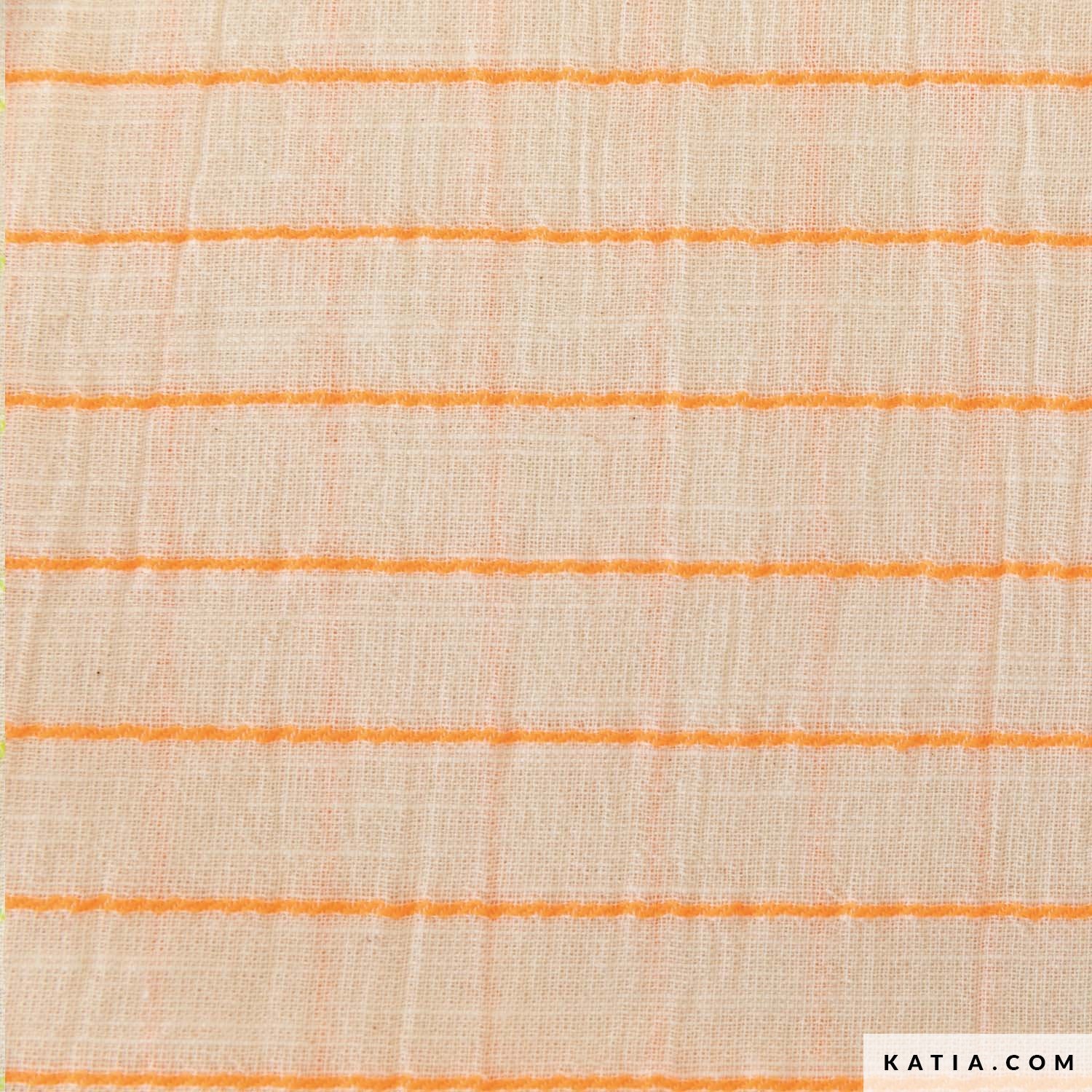 Textured cotton fabric with orange horizontal stripes on a beige background, featuring the brand 'Katia'.