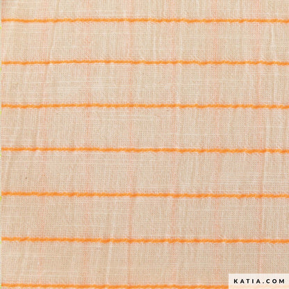 Textured cotton fabric with orange horizontal stripes on a beige background, featuring the brand 'Katia'.