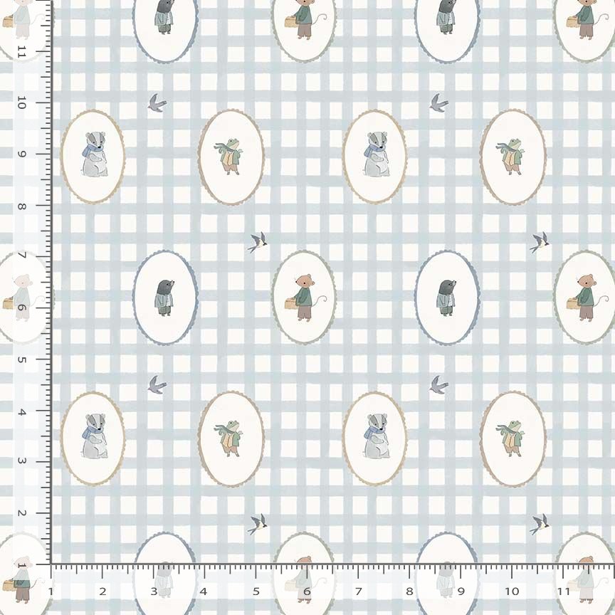 Fabric with teddy bear pattern on a checkered background, measured with a ruler.
