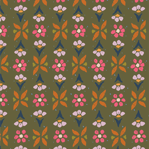 Pattern fabric of colorful flowers on a green background
