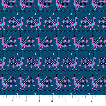 Pattern of pixelated ostriches on a blue background with white border