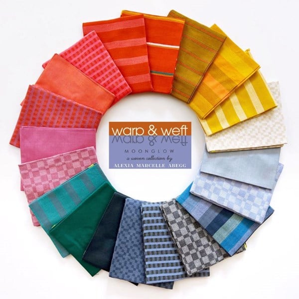 Cotton Yarn Dyed fabric swatches arranged in a circular pattern with 'Warp & Weft' branding.