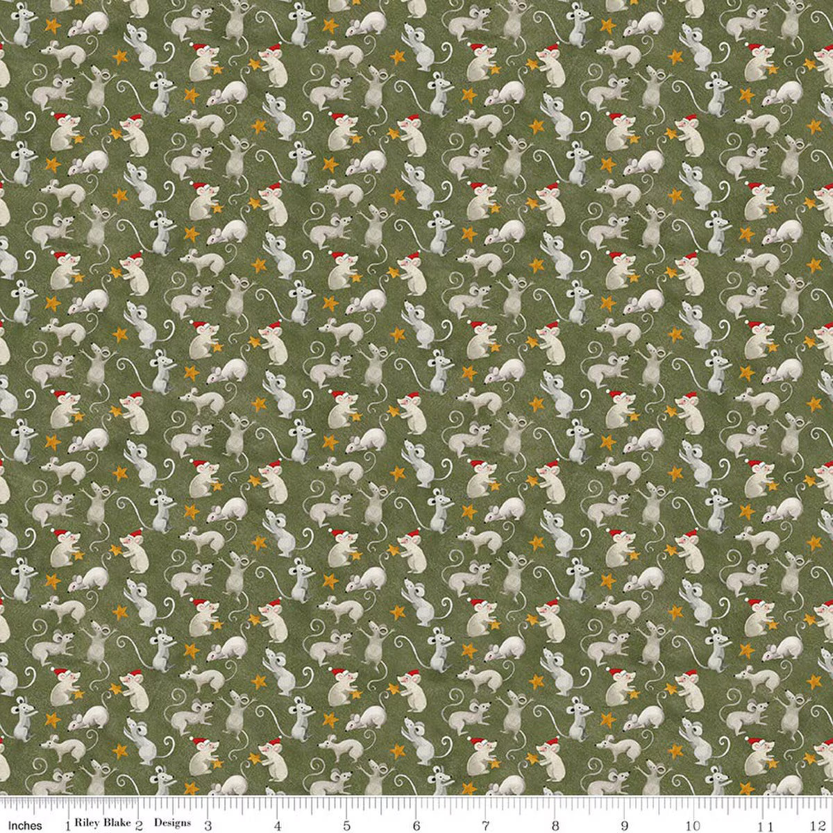 Pattern of small mice and stars on a green background with a ruler at the bottom.
