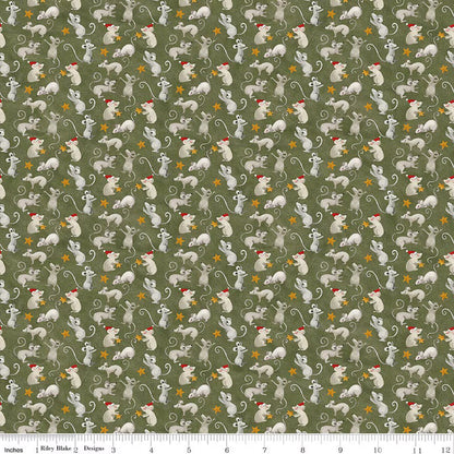 Pattern of small mice and stars on a green background with a ruler at the bottom.