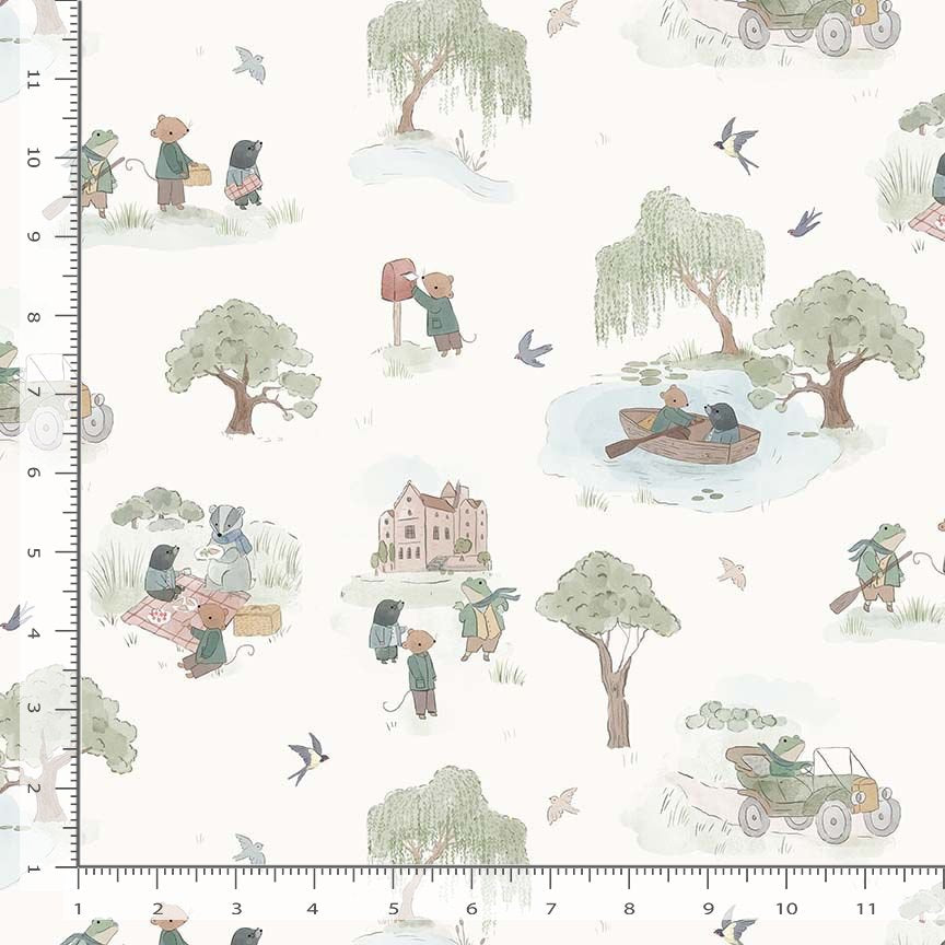 Fabric with nature-themed pattern featuring trees, animals, and people on a white background.