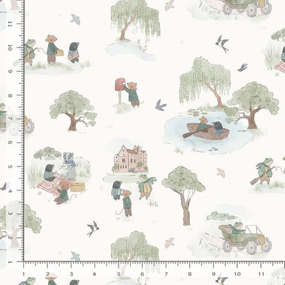 Fabric with nature-themed pattern featuring trees, animals, and people on a white background.