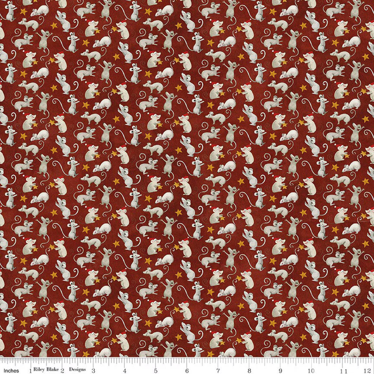 Patterned fabric with small white mice and yellow stars on a red background, with a ruler at the bottom.