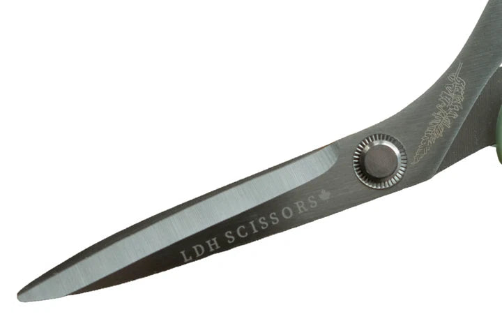 Pair of scissors with 'LDH Scissors' branding on a white background for sewing and crafting.