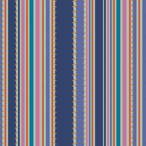 Patterned fabric with multicolored stripes on a blue background