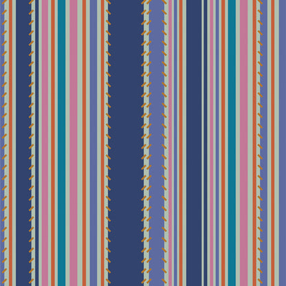 Patterned fabric with multicolored stripes on a blue background