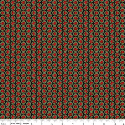 Patterned fabric with red and green design on a brown background